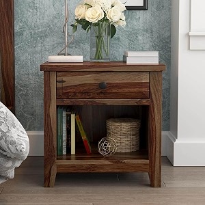 wooden bedside table for bedroom living room amp office  bed side nightstand end table with 1 drawer amp 1 shelf storage  solid wood sheesham provisional teak finishirvin