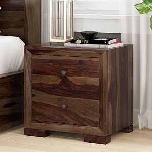 wooden bed side table for bedroom  nightstand with 2 drawer storage  solid wood sheesham  finish provincial teak