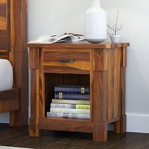 wooden bed side table for bedroom  nightstand with 1 drawer and shelf storage  solid wood sheesham  finish honey