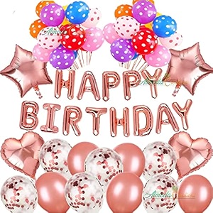 birthday decoration set includes happy birthday foil balloons 13 letter 5 rose gold confetti balloons 2 heart shaped foil balloons 2 star shaped foil balloons 20 metallic balloons 10 polka balloons