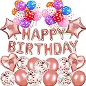 Birthday Decoration Set Includes Happy Birthday Foil Balloons (13 Letter), 5 Rose Gold Confetti Balloons, 2 Heart Shaped Foil Balloons, 2 Star Shaped Foil Balloons 20 Metallic Balloons, 10 Polka Balloons