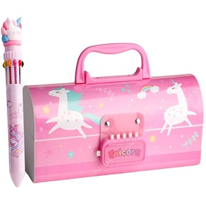 alokik enterprise plastic children39s unicorn pink pencil box suitcase-style password-lock multi-layer pencil box and 10 colour-ball pen as gift stationery organizer case return gift