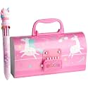 Alokik Enterprise Plastic Children's Unicorn Pink Pencil Box Suitcase-Style Password-Lock Multi-Layer Pencil Box And 10 Colour-Ball Pen As Gift Stationery Organizer Case Return Gift