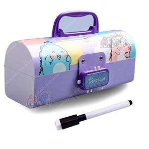 alokik enterprise plastic kids dino purple pencil box suitcase style password lock case multi-layer for boys girls stationary organizer return gift