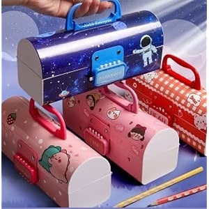 alokik enterprise plastic bear pencil box suitcase style password lock case multi-layer box for boys amp girls stationary organizer case - multicolor