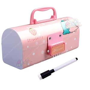 alokik enterprise plastic dino pink pencil box for kids - suitcase style with password lock multi-layer stationary organizer case for boys and girls return gift