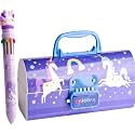 Alokik Enterprise Plastic Unicorn Blue Pencil Box Suitcase-Style Password-Lock Multi-Layer Pencil Box&amp;10 Colour-Ball Pen As Gift For Boys&amp;Girls,Stationery Organizer Case Return Gift For Children's
