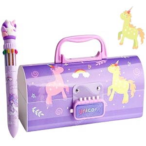 alokik enterprise unicorn purple pencil box suitcase-style password-lock multi-layer pencil box amp 10 colour-ball pen as gift for boys and girlsstationery organizer case return gift for kids