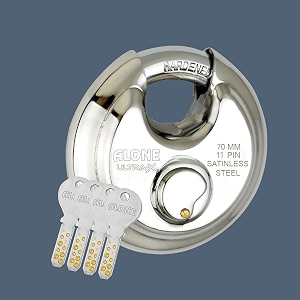 alone ultrax steel disc padlock 70mm 4 keys brass cylinder  lock and keys for home door main grill gate shop shutter factory  ss finish rust proof pack of 1