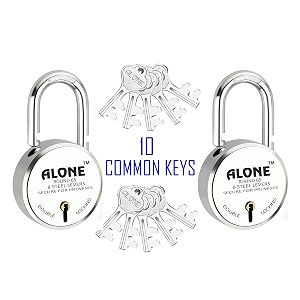 alone locks 65mm 10 same keys with 2 padlocks  common key  double locking  lock and keys for home door gate shop truck  shutter lock  door lock  chrome finish rust proof padlock pack of 2