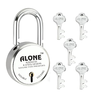 alone locks 65mm 5 keys padlock  double locking 8 levers  lock and keys for home door main gate shop truck shutter padlocks  door lock chrome finish rust proof pack of 1