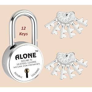 alone locks  hard shackle  steel body  double locking  steel levers milled keys  lock and keys for home door gate shop  made in india  door padlock 12 keys big size 75mm pack of 1