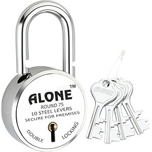 alone locks  hard shackle  steel body  double locking  steel levers milled keys  lock and keys for home door gate shop  made in india  door padlock 4 keys big size 75mm pack of 1