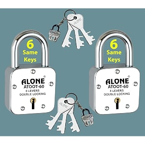 alone locks  hard shackle  steel body  double locking  steel levers milled keys  lock and keys for home door gate shop  made in india  door padlock 6 same keys atoot 60mm pack of 2