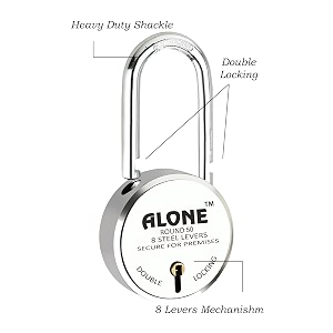 alone locks  hard shackle  steel body  double locking  steel levers milled keys  lock and keys for home door gate shop  made in india  door padlock 4 keys big size 75mm pack of 1