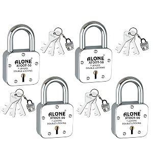 alone locks  hard shackle  steel body  double locking  steel levers milled keys  lock and keys for home door gate shop  made in india  door padlock 12 keys atoot 50mm pack of 4