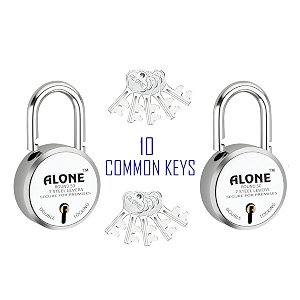 alone lock small size 50mm 10 same keys with 2 padlocks  7 levers double locking  lock and keys for home door gate shop  chrome finish rust proof padlock pack of 2