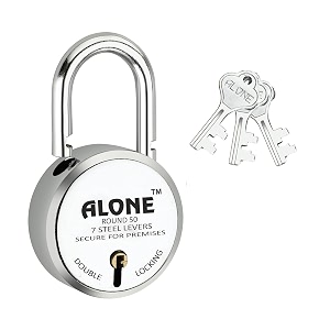 alone padlock small size 50mm 3 keys hard shackle double locking  padlocks for home door gate shop shutter chrome finish rust free 3 keys round 50mm pack of 1