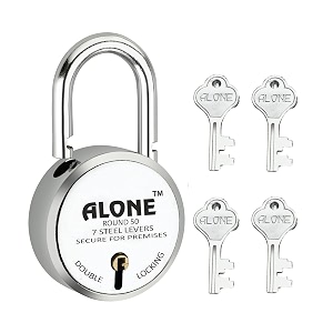 alone lock small size 50mm 4 keys hard shackle double locking  padlocks for home door gate shop shutter chrome finish rust free 4 keys round 50mm pack of 1