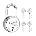 Alone Lock Small Size 50mm 4 Keys Hard Shackle Double Locking | Padlocks for Home Door Gate Shop Shutter, Chrome Finish Rust Free. (4 Keys Round 50mm Pack of 1)