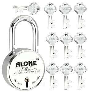alone lock 65mm 10 keys padlock  double locking 8 levers  lock and keys for home door gate shop  shutter lock  door lock  chrome finish  made in india pack of 1