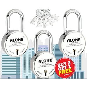 alone round padlock 65mm 5 keys hard shackle double locking  padlocks for home door gate shop shutter truck grill chrome finish rust free 5 keys buy2 get 1 round 65m pack 3