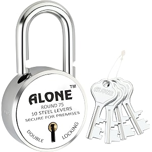 alone locks  hard shackle  steel body  double locking  steel levers milled keys  lock and keys for home door gate shop  made in india  door padlock 4 keys big size 75mm pack of 1