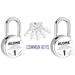 alone lock 75mm 5 common key with 2 padlocks  steel body double locking 8 levers  lock and keys for home door gate shop shutter padlock chrome finish rust proof pack of 2