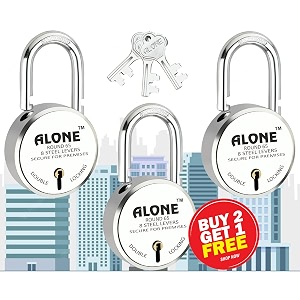 alone round padlock 65mm 3 keys buy 2 get 1 free hard shackle double locking  padlocks for home door gate shop shutter chrome finish rust free 3 keys buy2 get 1 round 65m pack 3