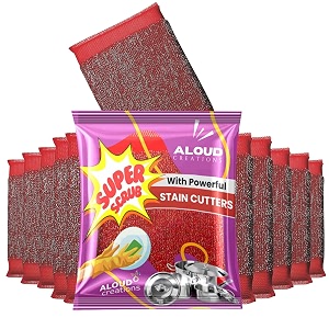 aloud creations 12 pc stainless steel super scrub pad  steel loops power scrubber  steel foam pad sponge for tough oily stains  kitchen dish washing scrubber  red