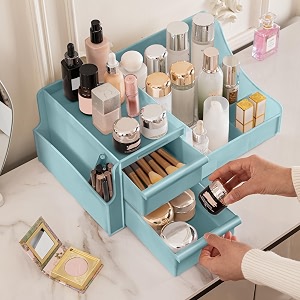 aloxe premium large makeup organisers  upgraded storage box and organiser with drawers for dressing table skincare makeup storage amp accessories blue