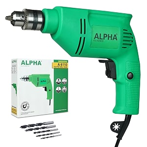 alpha corded electric drill machine 350w 10mm chuck 4500 rpm variable speed forwardreverse rotation with lock-on amp wood drill bits for home amp diy use for metal amp wood wall  a-6110  green