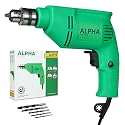 Alpha Corded Electric Drill Machine, 350W, 10mm Chuck, 4500 Rpm, Variable Speed, Forward/Reverse Rotation, With Lock-On & Wood Drill Bits, For Home & DIY Use for Metal & Wood, Wall | A-6110 | Green