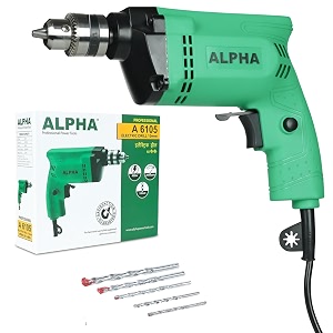 alpha corded electric drill machine 400w 10mm chuck 2600 rpm variable speed forwardreverse rotation with lock-on amp 5 drill bits for home amp diy use for masonry steel amp wood wall  a-6105