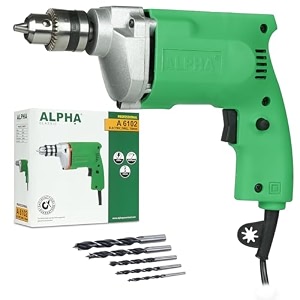 alpha corded electric drill machine 450w 10mm chuck 2600 rpm with lock-on amp wood drill bits for home amp diy use for masonry steel amp wood wall  a-6102  green