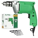 Alpha Corded Electric Drill Machine, 450W, 10mm Chuck, 2600 Rpm, With Lock-On &amp; Wood Drill Bits, For Home &amp; DIY Use for Masonry, Steel &amp; Wood, Wall | A-6102 | Green