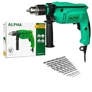alpha corded electric impact drill machine 650 w 13mm chuck 2800 rpm variable speed leftright rotation with lock-on with hss drill bits for home amp diy use for masonry steel amp wood  a-6136