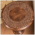 Alpha Living Home Farmhouse End Table, Burnt Brown Flowers Solid Mango Wood Round Side Table, 18 x 22 Inch Rustic Wooden Accent Table for Living Room, Bedroom &amp; Sofa Side