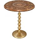 Alpha Living Home Rustic Round End Table 18x23, Walnut Top with Gold Base
