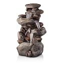 Alpine Corporation | 40" 4-Tier Rock Floor Fountain with Cascading Water &amp; White LED Lights, Tranquil Outdoor Water Feature for Garden, Patio, Yard &amp; Deck, Light Gray