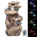 Alpine Corporation 40" Tall Floor Fountain, Tiered Rock Water Feature with Color-Changing LED & Remote, Cascading Streams for a Tranquil Garden, Patio, Yard, Deck, or Porch, Light Brown