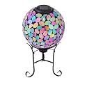 Alpine Corporation Outdoor Solar Powered Pink Glass Mosaic Gazing Globe with LED Lights and Metal Stand, Violet