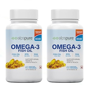 alpspure nutra omega 3 fish oil 1000 mg fatty acid capsules  180mg epa amp 120mg dha  60 softgels each  supports healthy heart joints skin brain amp eyes  for men amp women pack of-2