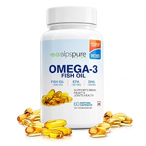 alpspure nutra omega 3 fish oil 1000 mg fatty acid capsules  60 softgels  180mg epa amp 120mg dha  supports healthy heart joints skin brain amp eyes  for men amp women  omega3 fatty acids
