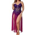 Alrovetoney Plus Size Lingerie For Women Babydoll Sexy Mesh Maxi Nightdress Exotic Sleepwear Side Slits