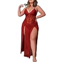 Alrovetoney Plus Size Lingerie For Women Babydoll Sexy Mesh Maxi Nightdress Exotic Sleepwear Side Slits