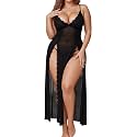 Alrovetoney Women's Plus Size Lingerie Mesh Nightgown Strappy Side Slits