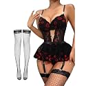 Alrovetoney Women Lingerie Set Naughty Lace Bodysuit High Waisted Underwire Lingerie Babydoll With Garter Belt and Stockings