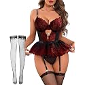 Alrovetoney Women Lingerie Set Naughty Lace Bodysuit High Waisted Underwire Lingerie Babydoll With Garter Belt and Stockings