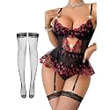 Alrovetoney Women Lingerie Set Naughty Lace Bodysuit High Waisted Underwire Lingerie Babydoll With Garter Belt and Stockings